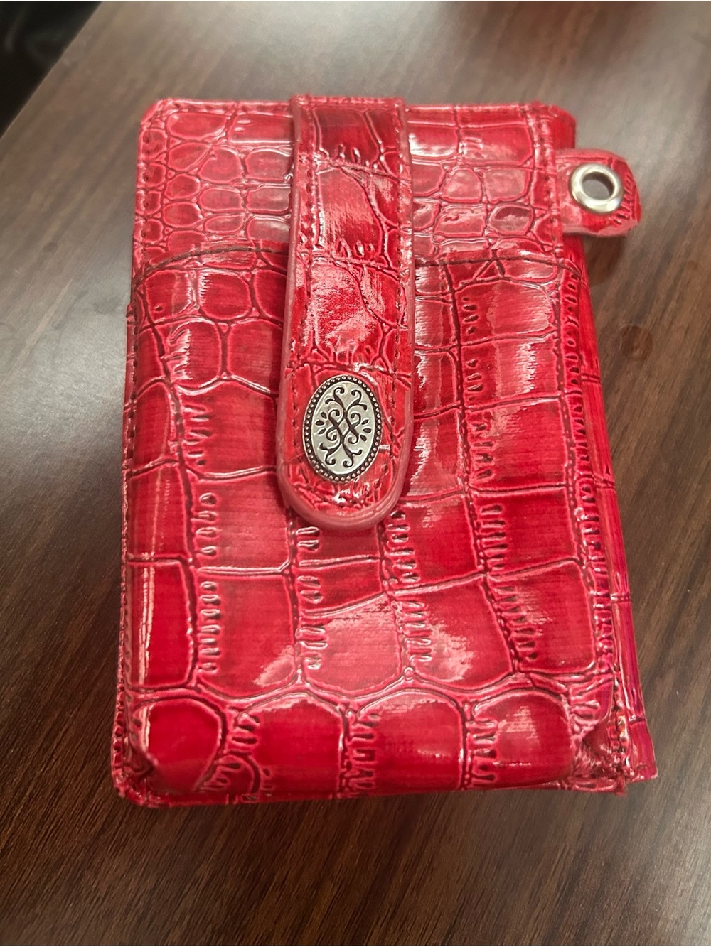 Glossy Red Croc-Embossed Snap Wallet by Jeun Bang